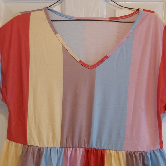 085. Red Multicolor Striped Color Block Tiered Mini Dress  Size S - Picture 4 of 14